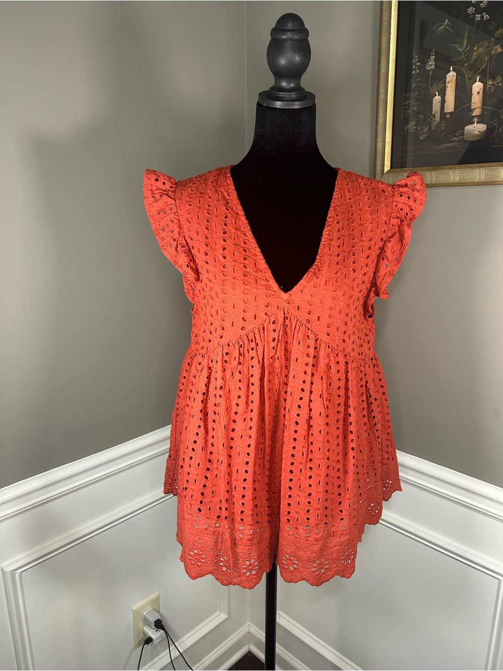 Entro Coral Orange/Rust Eyelet Babydoll Top Ruffle Flutter Sleeve Boho Peplum M